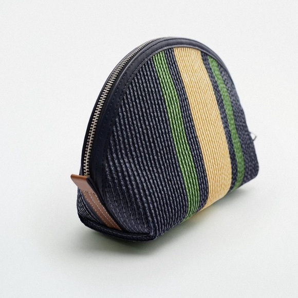 ZARA Contrast Stripe Woven Cosmetics/Toiletry Clutch Bag Navy/Tan/Green Sz Med - Picture 3 of 4